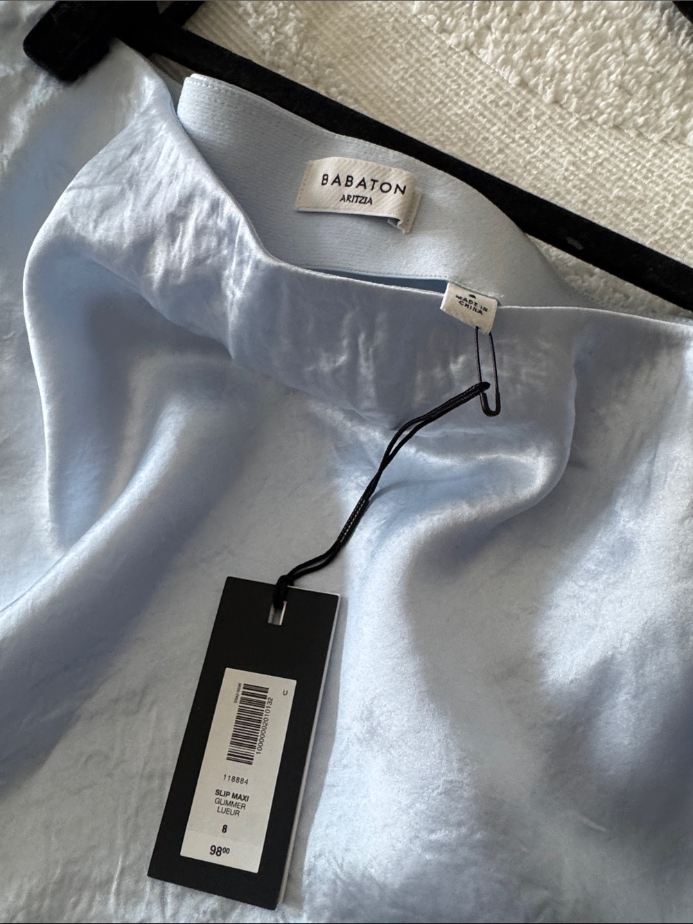 Babaton Pale Blue Satin Midi Slip Skirt